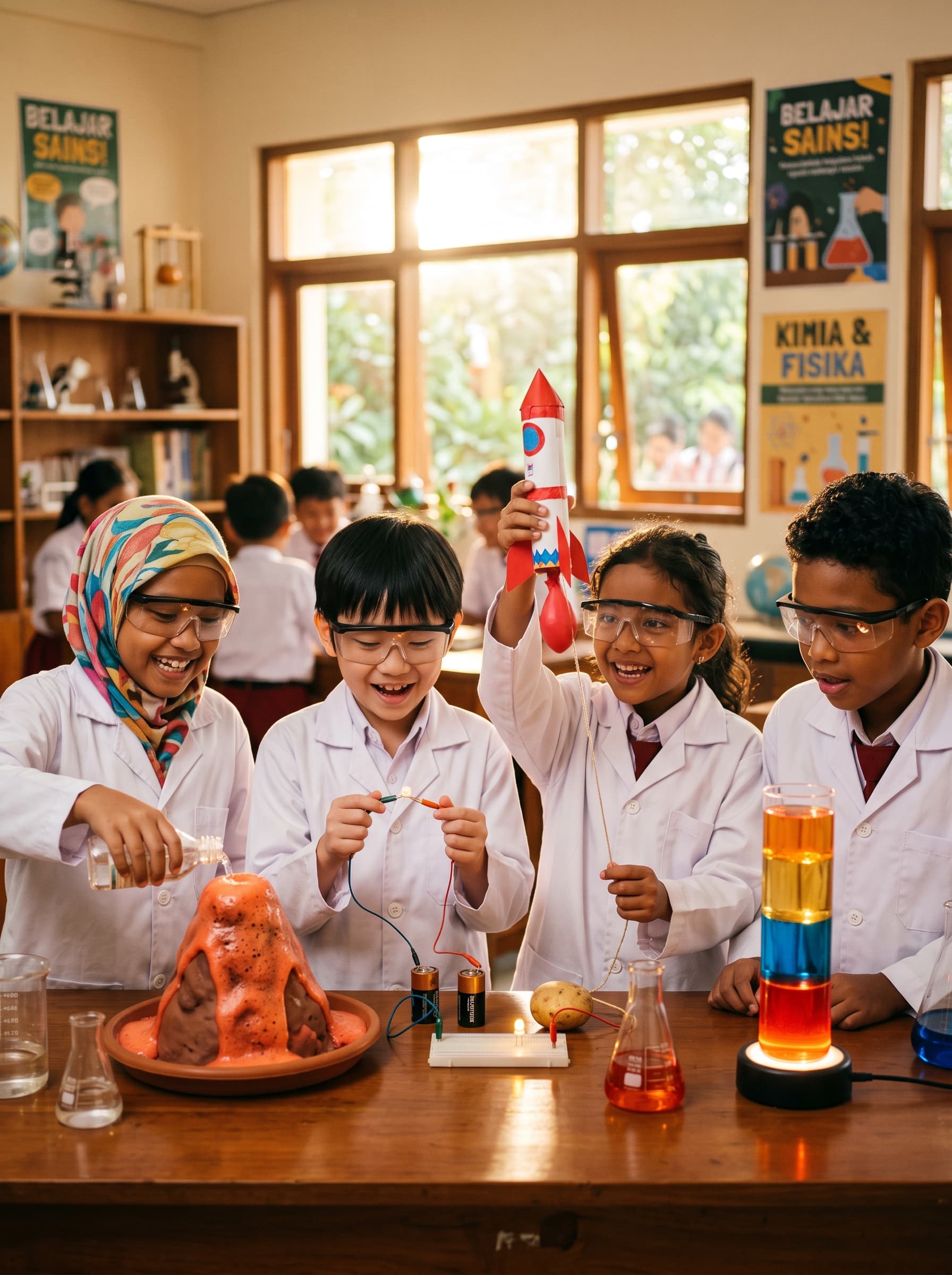 Anak-anak Ilmuwan Cilik dengan jas lab sedang bereksperimen